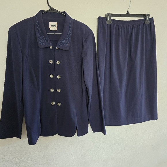 VTG Leslie Fay 2Piece Skirt Suit 16 Blue Long Sleeve Button Up Double Breasted - Picture 2 of 16